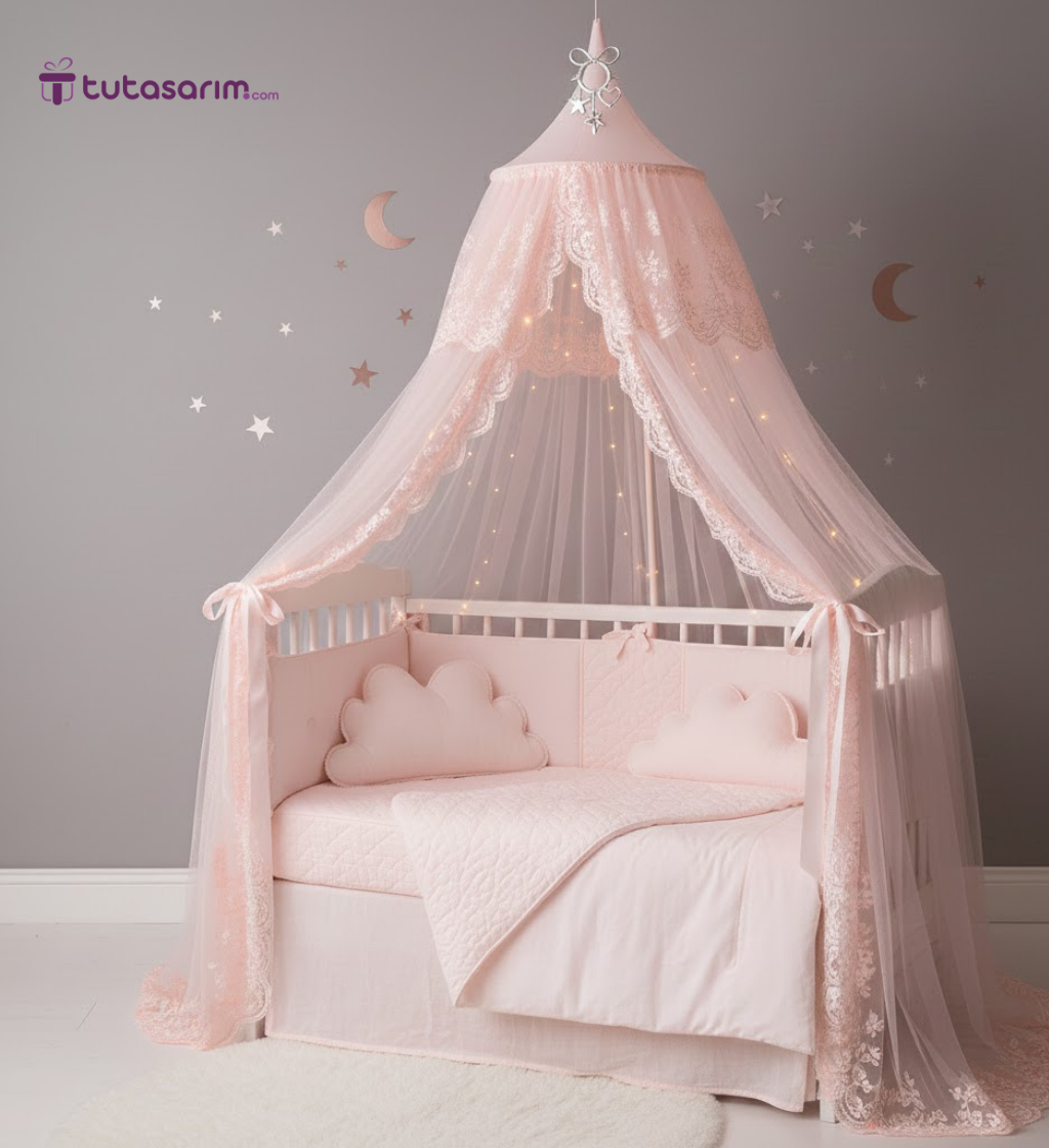 kiz-bebek-cibinlik-tutasarim Baby Lüks Tavandan Asmalı Pembe Kız Bebek Beşik Cibinlik - Görsel 1